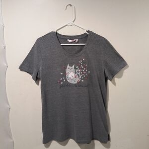 La Vie En Rose Women's Medium Grey Cat Short Sleeve T-Shirt